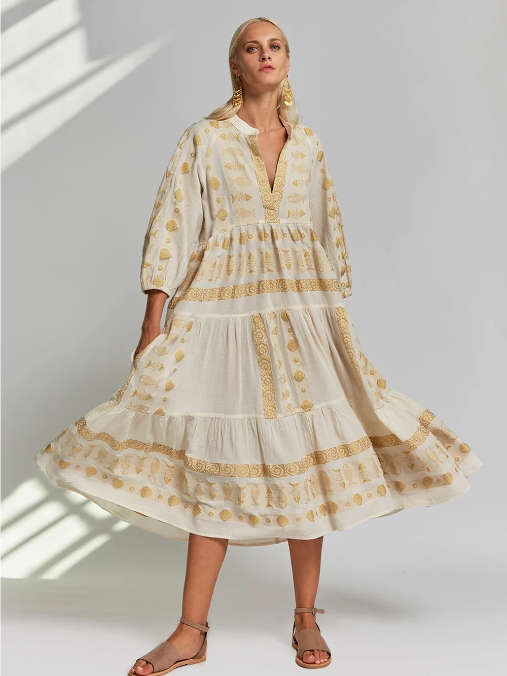 NEMA Maxi Dress M/L White Gold Embroidered Fish Seashell Print Greek Resort Wear
